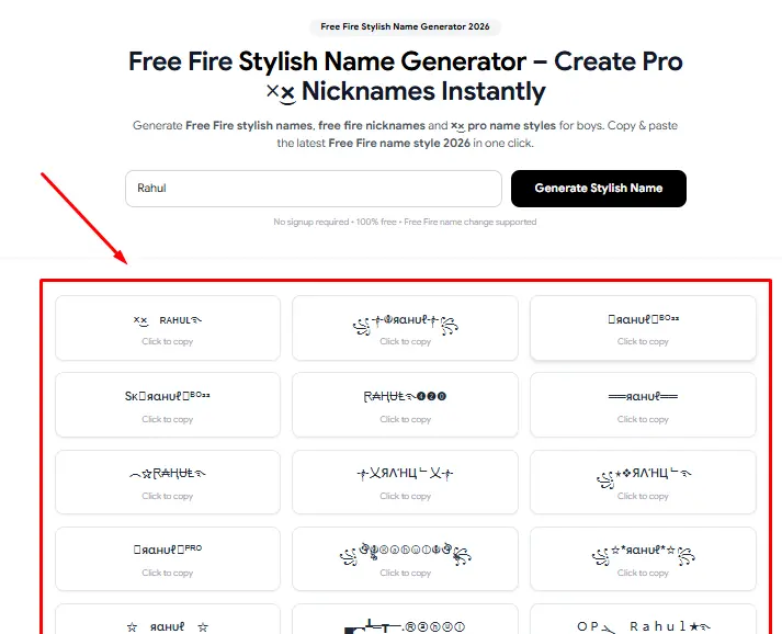 Free Fire name style list with symbols